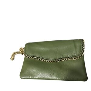 Pebbled leather Green Chain-Trim Clutch with chain strap cute